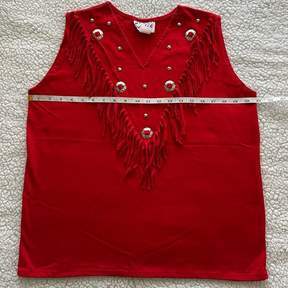 VTG red fringe western sleeveless tank top V tee star conchos silver buttons L - Picture 8 of 9